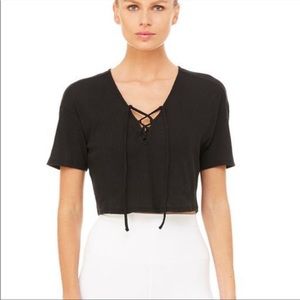 Alo Yoga Lace-up Ribbed Short-sleeve Shirt
